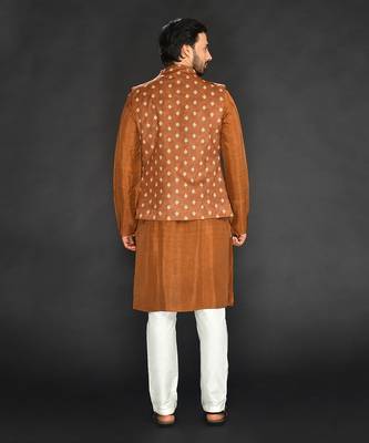 Brown Imported Velvet Printed Bundi With Vis. Silk Kurta And Spun Silk Chudidar 2