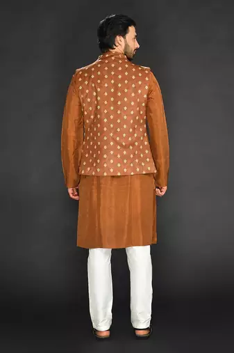 Brown Imported Velvet Printed Bundi With Vis. Silk Kurta And Spun Silk Chudidar