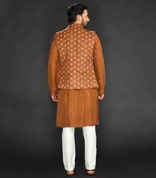 Brown Imported Velvet Printed Bundi With Vis. Silk Kurta And Spun Silk Chudidar