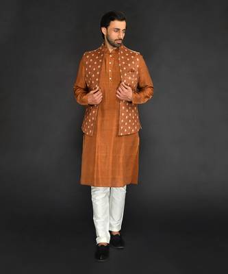 Brown Imported Velvet Printed Bundi With Vis. Silk Kurta And Spun Silk Chudidar 1
