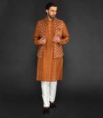 Brown Imported Velvet Printed Bundi With Vis. Silk Kurta And Spun Silk Chudidar