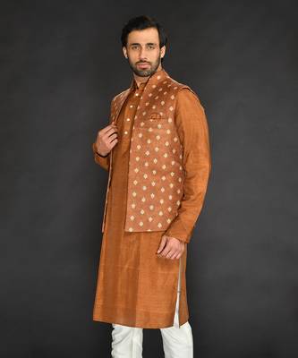 Brown Imported Velvet Printed Bundi With Vis. Silk Kurta And Spun Silk Chudidar 3