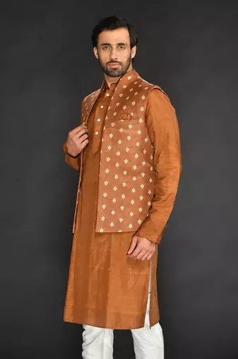 Brown Imported Velvet Printed Bundi With Vis. Silk Kurta And Spun Silk Chudidar