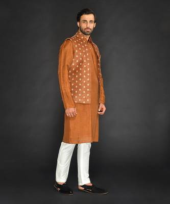 Brown Imported Velvet Printed Bundi With Vis. Silk Kurta And Spun Silk Chudidar 4