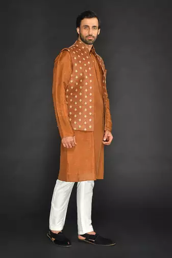 Brown Imported Velvet Printed Bundi With Vis. Silk Kurta And Spun Silk Chudidar