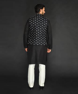 Black Imported Velvet Bundi With Vis. Silk Kurta Paired With Black Chudidar 2