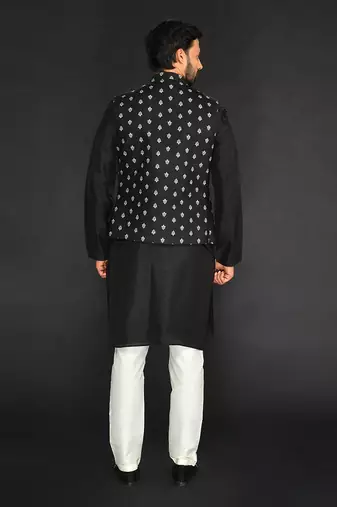 Black Imported Velvet Bundi With Vis. Silk Kurta Paired With Black Chudidar