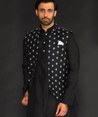 Black Imported Velvet Bundi With Vis. Silk Kurta Paired With Black Chudidar 3
