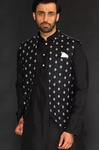 Black Imported Velvet Bundi With Vis. Silk Kurta Paired With Black Chudidar