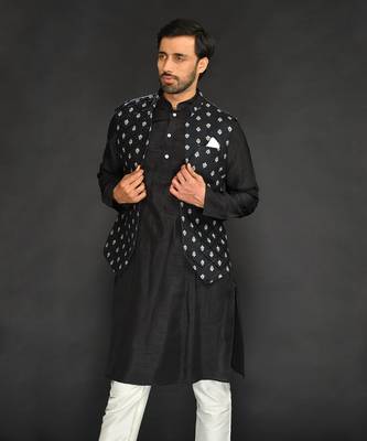 Black Imported Velvet Bundi With Vis. Silk Kurta Paired With Black Chudidar 4