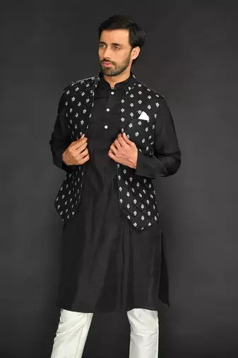 Black Imported Velvet Bundi With Vis. Silk Kurta Paired With Black Chudidar