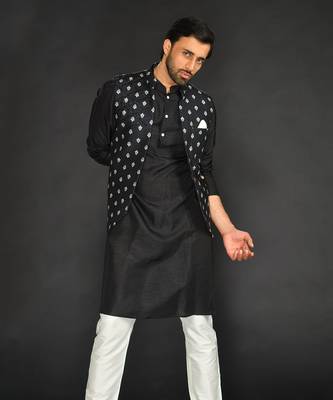 Black Imported Velvet Bundi With Vis. Silk Kurta Paired With Black Chudidar 1