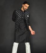 Black Imported Velvet Bundi With Vis. Silk Kurta Paired With Black Chudidar