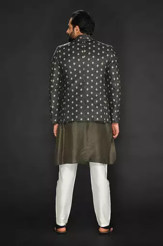 Dark Olive Imported Velvet Blazer Paired With Olive  Kurta And Spun Cotton Chudidar