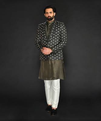 Dark Olive Imported Velvet Blazer Paired With Olive  Kurta And Spun Cotton Chudidar 1
