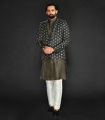 Dark Olive Imported Velvet Blazer Paired With Olive  Kurta And Spun Cotton Chudidar