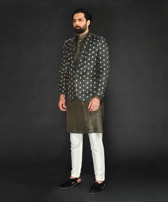 Dark Olive Imported Velvet Blazer Paired With Olive  Kurta And Spun Cotton Chudidar 3