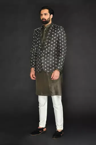 Dark Olive Imported Velvet Blazer Paired With Olive  Kurta And Spun Cotton Chudidar