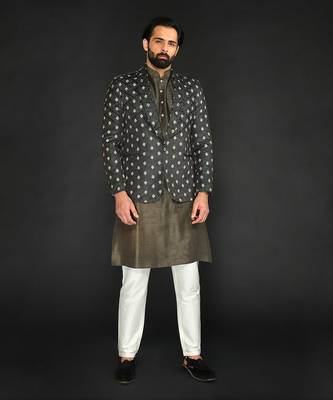 Dark Olive Imported Velvet Blazer Paired With Olive  Kurta And Spun Cotton Chudidar 4