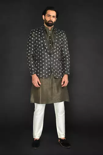 Dark Olive Imported Velvet Blazer Paired With Olive  Kurta And Spun Cotton Chudidar