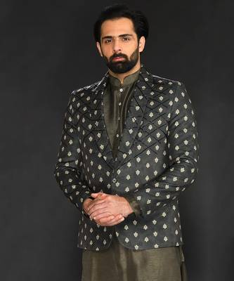 Dark Olive Imported Velvet Blazer Paired With Olive  Kurta And Spun Cotton Chudidar 5