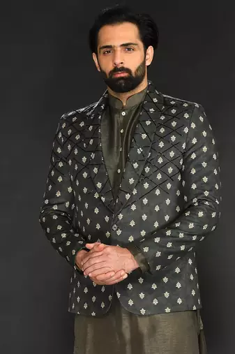 Dark Olive Imported Velvet Blazer Paired With Olive  Kurta And Spun Cotton Chudidar