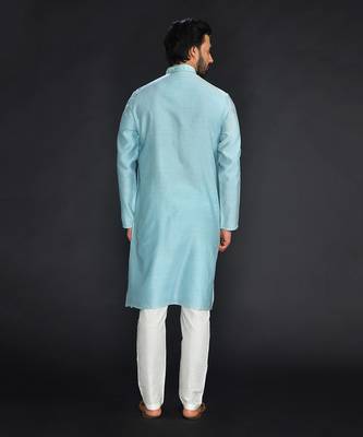 Powder Blue Pure Chanderi Emb. Kurta With Off White Chudidar 2