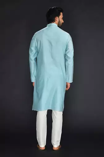 Powder Blue Pure Chanderi Emb. Kurta With Off White Chudidar