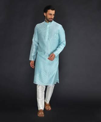 Powder Blue Pure Chanderi Emb. Kurta With Off White Chudidar 1