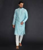 Powder Blue Pure Chanderi Emb. Kurta With Off White Chudidar