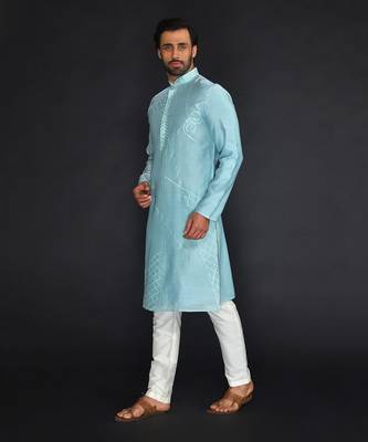 Powder Blue Pure Chanderi Emb. Kurta With Off White Chudidar 3