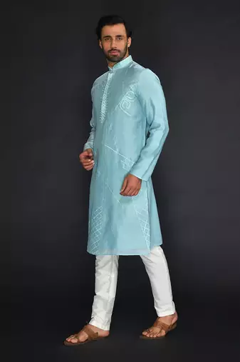 Powder Blue Pure Chanderi Emb. Kurta With Off White Chudidar