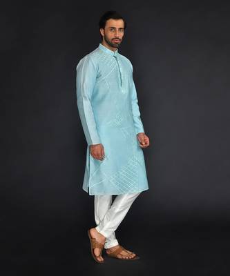 Powder Blue Pure Chanderi Emb. Kurta With Off White Chudidar 4
