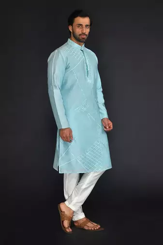 Powder Blue Pure Chanderi Emb. Kurta With Off White Chudidar