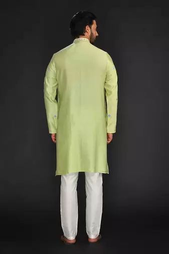 Mint Green Pure Chanderi Emb. Kurta With Off White Chudidar