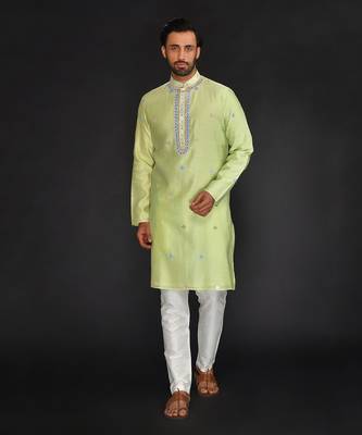 Mint Green Pure Chanderi Emb. Kurta With Off White Chudidar 1