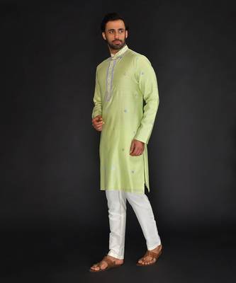 Mint Green Pure Chanderi Emb. Kurta With Off White Chudidar 3