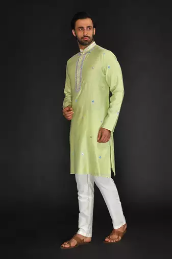 Mint Green Pure Chanderi Emb. Kurta With Off White Chudidar