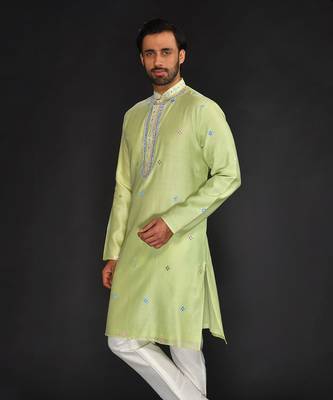 Mint Green Pure Chanderi Emb. Kurta With Off White Chudidar 4