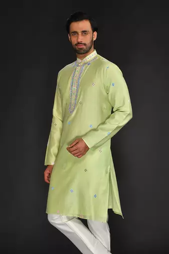 Mint Green Pure Chanderi Emb. Kurta With Off White Chudidar