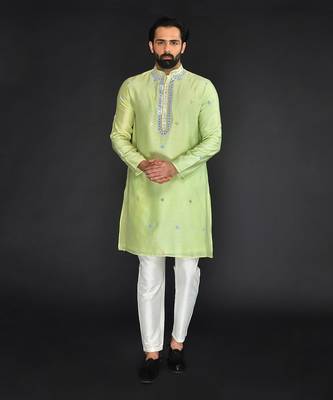 Mint Green Pure Chanderi Emb. Kurta With Off White Chudidar 5