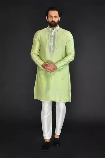 Mint Green Pure Chanderi Emb. Kurta With Off White Chudidar
