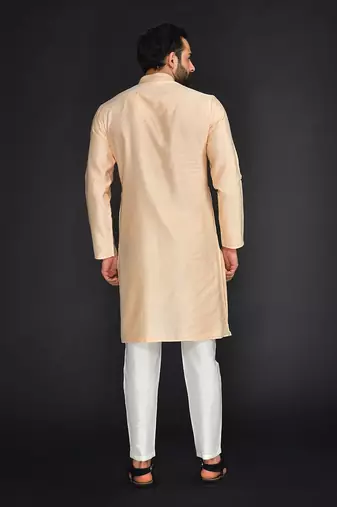 Peach Pure Chanderi Emb. Kurta With Off White Chudidar