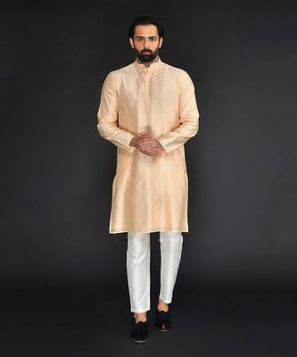 Peach Pure Chanderi Emb. Kurta With Off White Chudidar 1