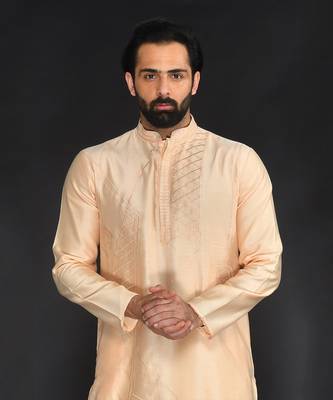 Peach Pure Chanderi Emb. Kurta With Off White Chudidar 3