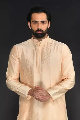 Peach Pure Chanderi Emb. Kurta With Off White Chudidar