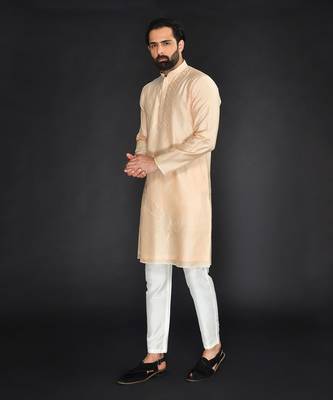 Peach Pure Chanderi Emb. Kurta With Off White Chudidar 4