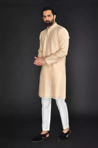 Peach Pure Chanderi Emb. Kurta With Off White Chudidar