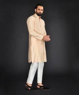 Peach Pure Chanderi Emb. Kurta With Off White Chudidar 5