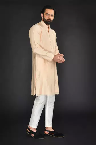 Peach Pure Chanderi Emb. Kurta With Off White Chudidar